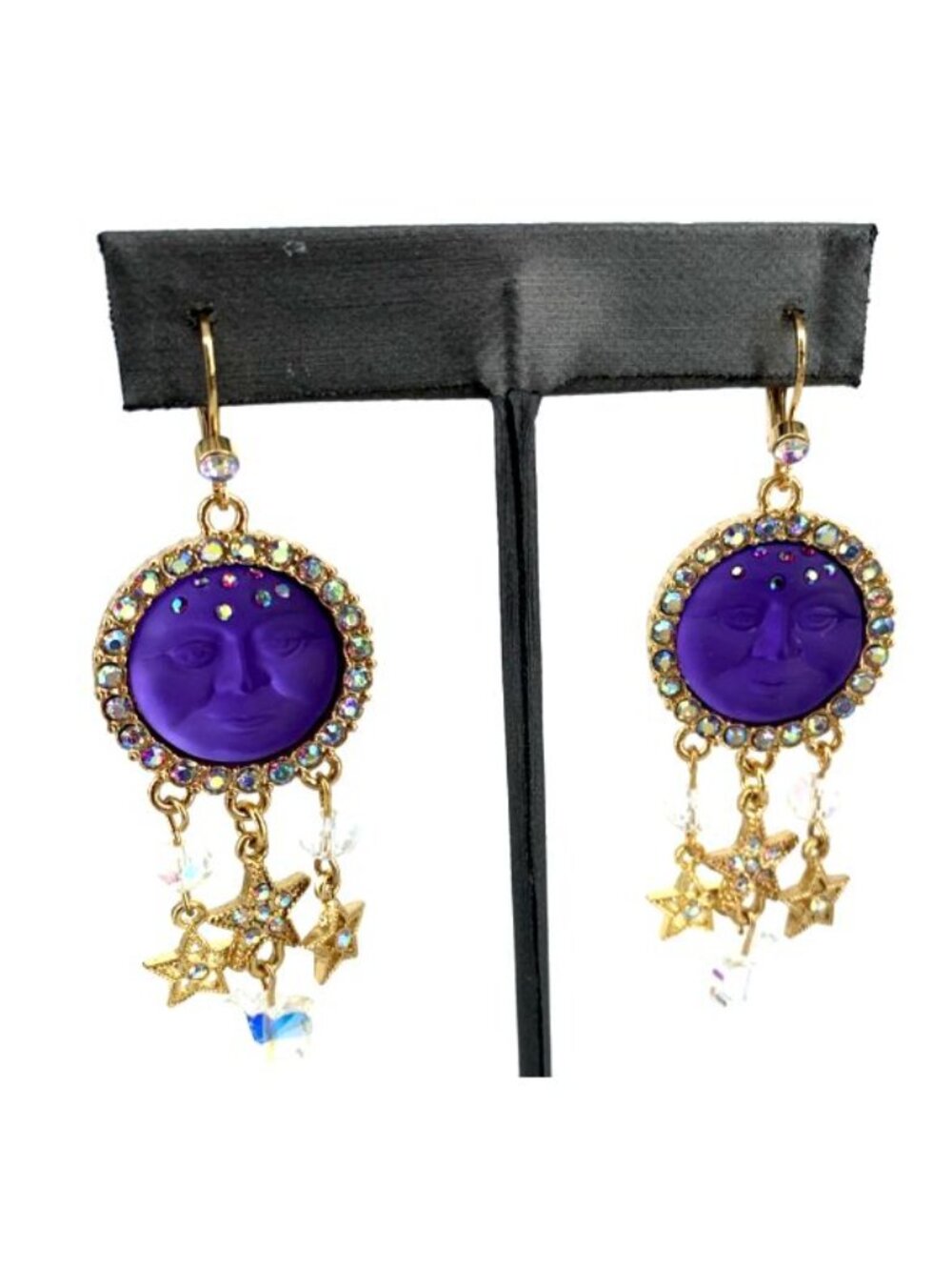 Kirk's Folly Earrings Seaview Purple Moonface Stars Dangle Drop 2.5" Goldtone